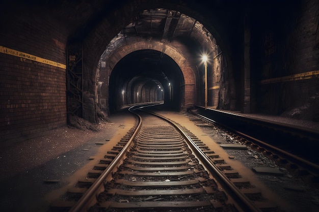 Туннели подземного метро в грязном устаревшем состоянии, созданном нейронной сетью