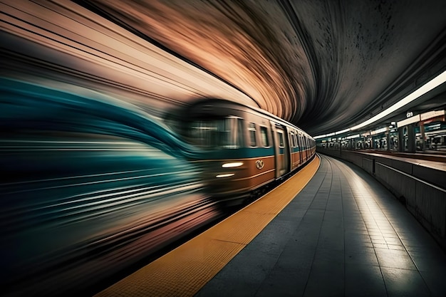 Underground train to the tunnel on the subway platform motion blur Neural network AI generated