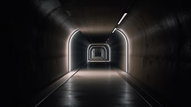 An underground tunnel with lighting and darkness at the end