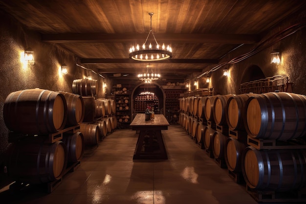 The underground wine cellar is full of wine barrels AI generated