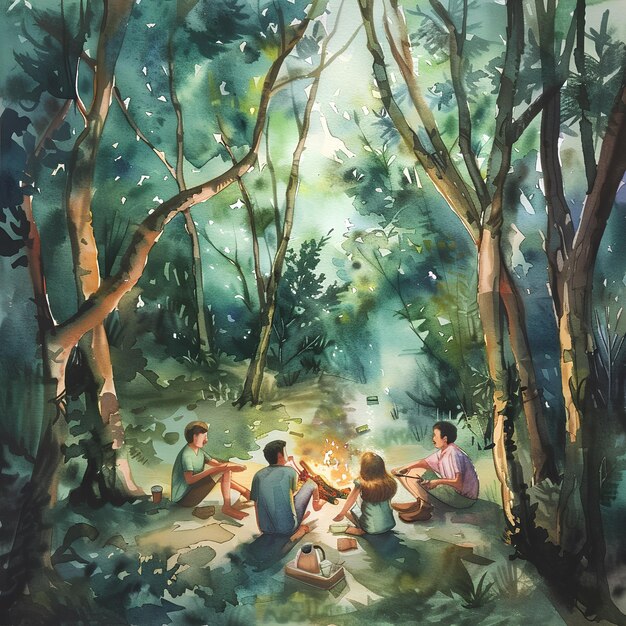 Underneath a canopy tree in a lust forest water color scenes of friends exploring nature