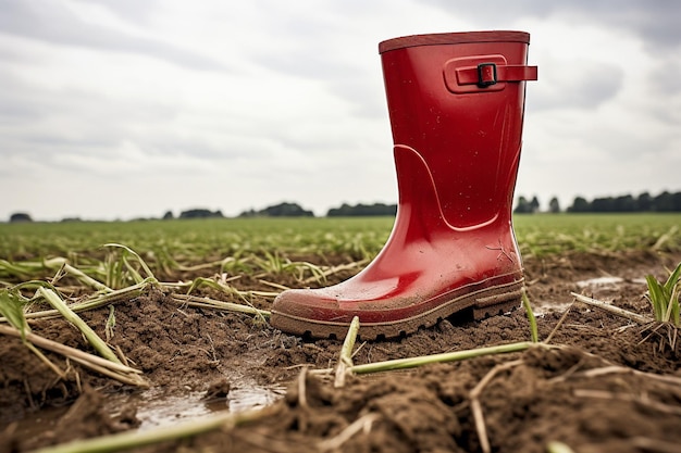 Photo underneath the gloomy skies a solitary rain boot braves the mire a symbol of determination and grit