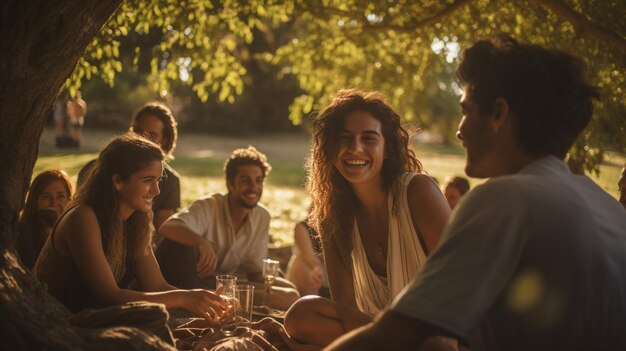 Foto sotto un albero coperto dal sole un gruppo di amici fa un picnic le loro risate risuonano nel cielo