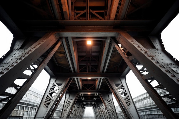 Underneath view of a modern bridges steel beams created with generative ai