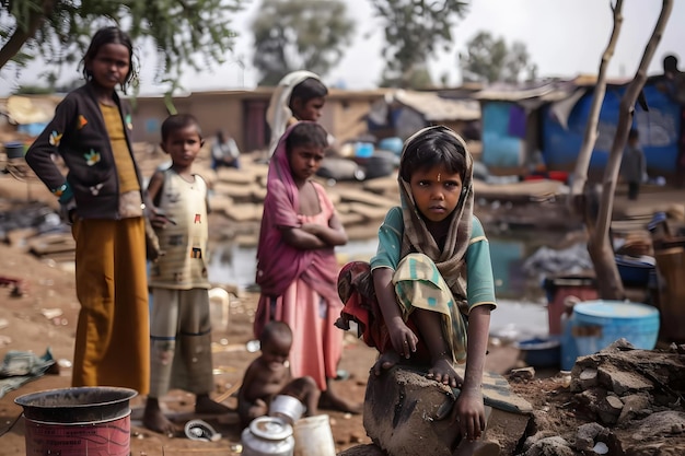 Photo underprivileged children living in shacks and sharing space outdoors and playing concept poverty