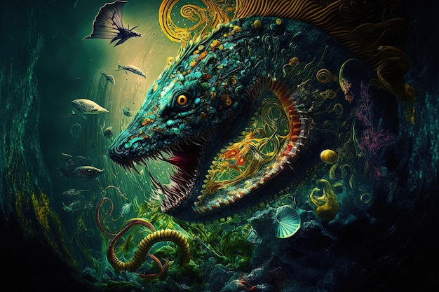 Undersea picture with a sea serpent reptiles and a poisonous wasp