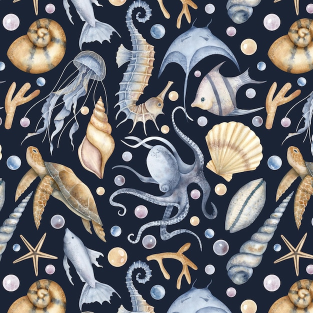 水中の魚と濃い青黒の背景に海底のシームレスなパターンテキスタイル デザインや海事スタイルの包装紙用の手描きイラスト亀とタツノオトシゴの壁紙
