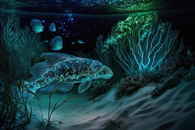 Undersea world Bioluminescent fish at the bottom of the sea with algae and corals Photorealistic illustration generative AI