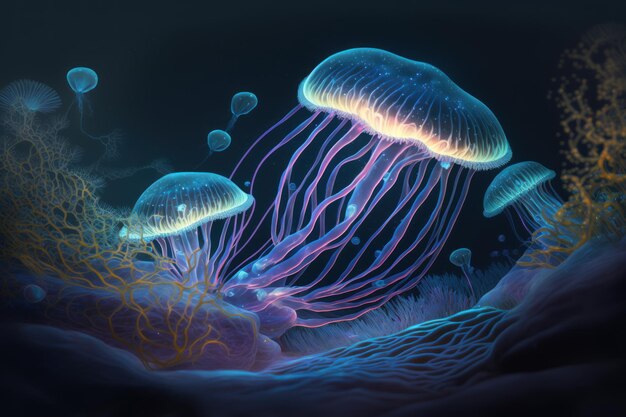 Undersea world Bioluminescent jellyfish at the bottom of the sea with algae and corals Photorealistic illustration generative AI