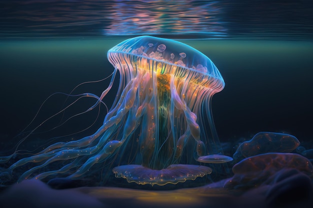 Undersea world Bioluminescent jellyfish at the bottom of the sea with algae and corals Photorealistic illustration generative AI