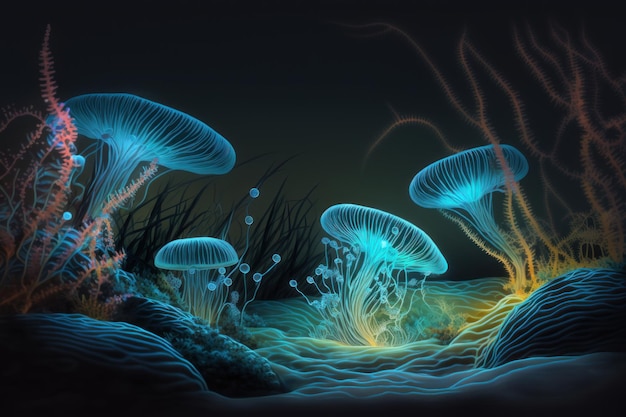 Undersea world Bioluminescent jellyfish at the bottom of the sea with algae and corals Photorealistic illustration generative AI