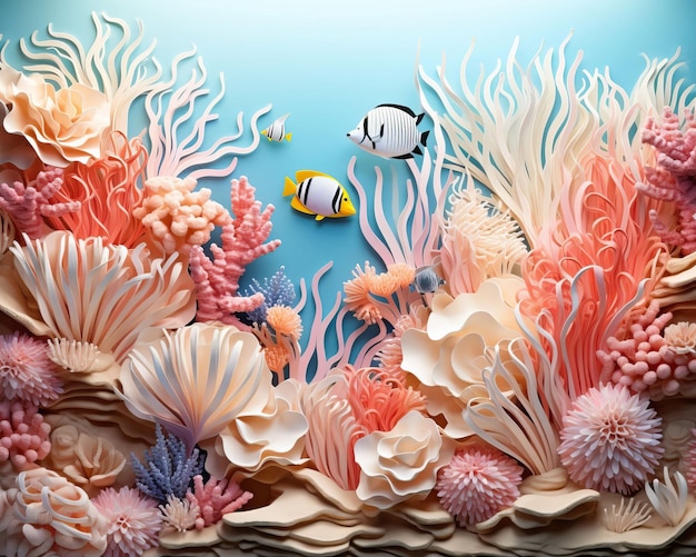 undersea world comes to life in a 3D paper sculpture with vibrant coral reefs