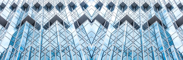 Photo underside panoramic and perspective view to steel blue glass high rise building skyscrapers, business concept of successful industrial architecture