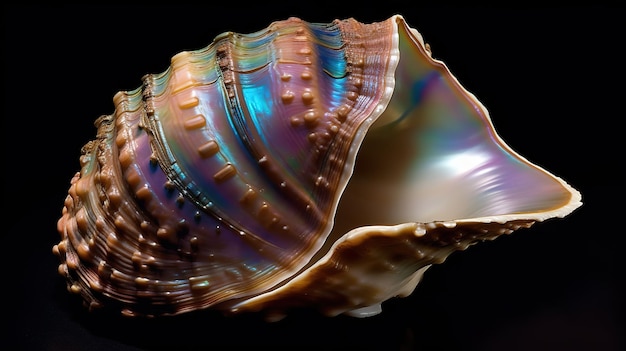 Underside of the shell of an abalone seasnail showing the iridescent nacre liningGenerative AI