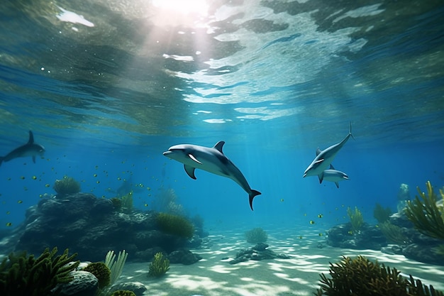 an underwater 3d avatar swimming alongside dolphins AI generated