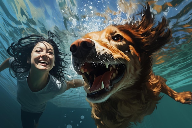 Underwater action Smiley child play with fun training golden retriever puppy in swimming pool jump and dive Active water games with family pet popular dog breed like companion on summer vacation