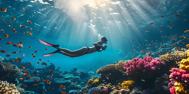 Underwater adventure diver explores coral reef with sun beams filtering through vibrant marine life