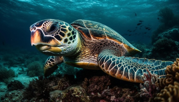 Underwater adventure Large sea turtle swims in tranquil reef environment generated by artificial intelligence