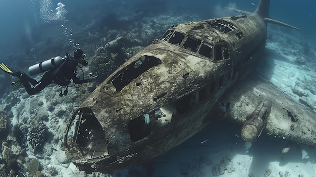 Фото Подводный обломки самолета старый обрыв самолета на дне океана