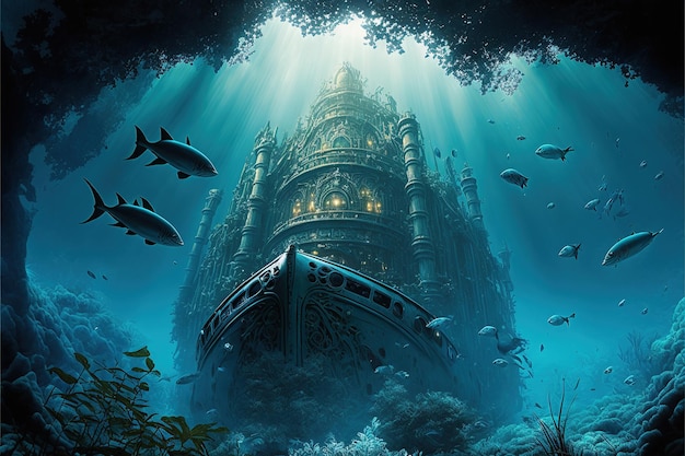 Underwater ancient city in the depths of the ocean. Atlantis lost world. AI