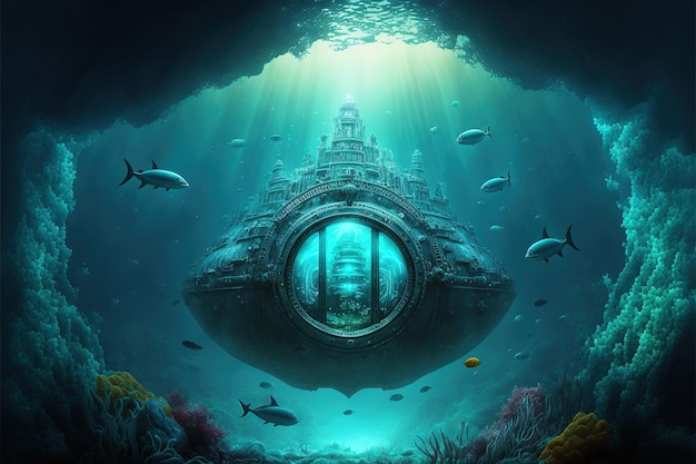 Underwater ancient city in the depths of the ocean Atlantis lost world ancient architecture. AI