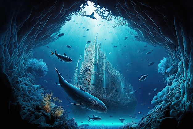 Underwater ancient city in the depths of the ocean Atlantis lost world ancient architecture. AI