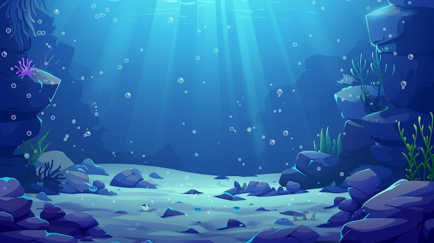 Underwater background with empty sand bottom Seaweed growing on rocks water bubbles floating at the light beam from above Marine scene undersea life modern illustration