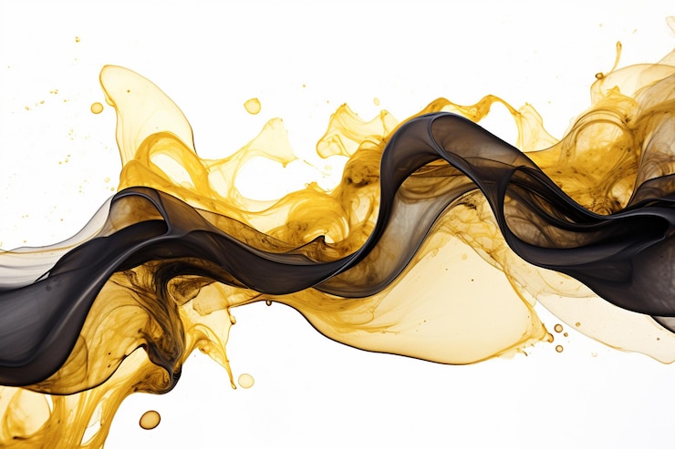 Photo underwater ballet of abstract gold and black acrylic inks on a dark canvas