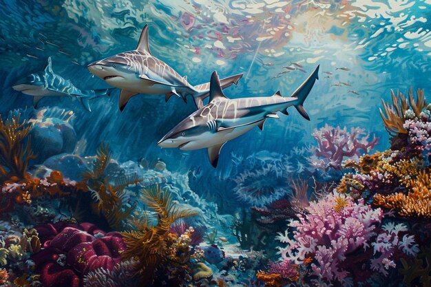 An underwater ballet of graceful reef sharks weavi generative ai