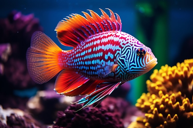 生成された色とりどりのサンゴ礁を泳ぐ水中の美魚たち