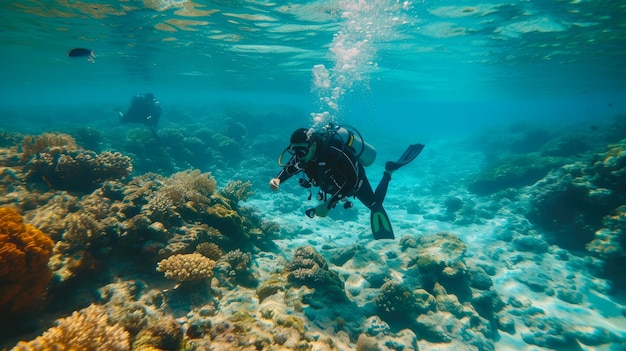 Underwater Bliss Divers Amidst Coral Splendor