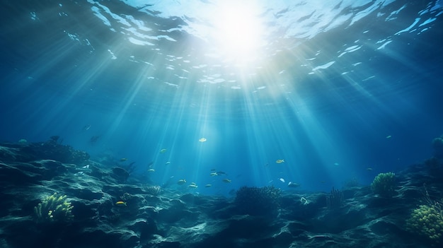 подводный синий фон в океане с солнечными лучами
