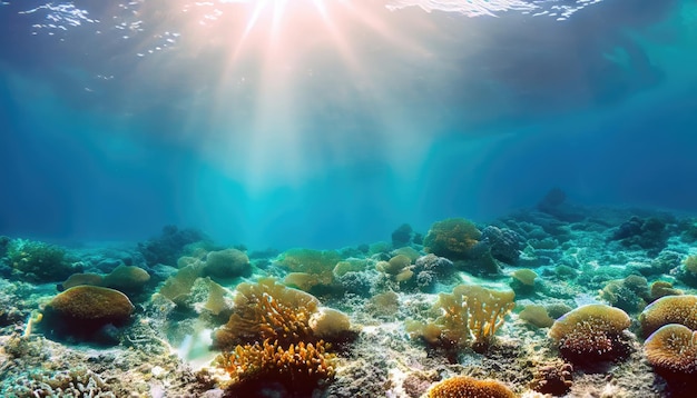 サンゴ礁と太陽光線のある水中の青い熱帯の海底