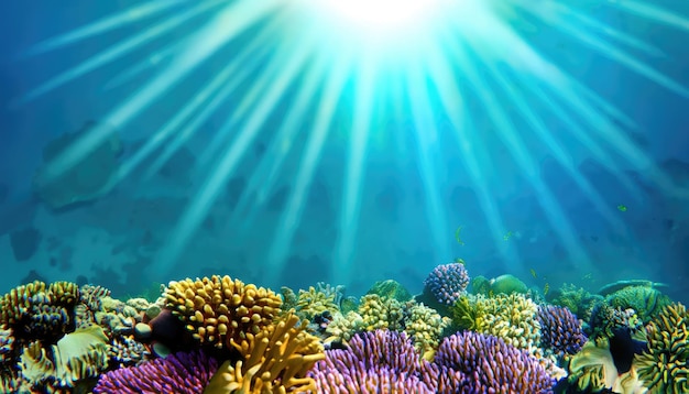 Underwater Blue Tropical Seabed With Reef And Sunbeam