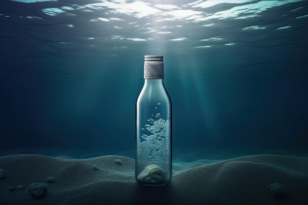 Photo underwater bottle in the ocean generative ai