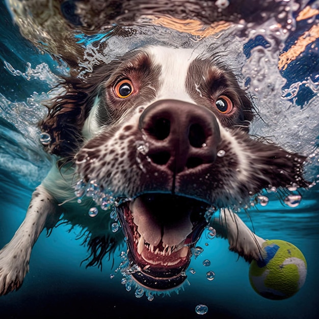 水中の犬のエッセンス クローズアップ ワイドアングルアップショット