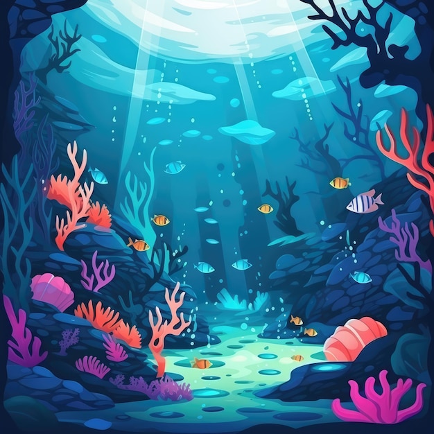 Подводный мультяшный фон, созданный AI Изображение