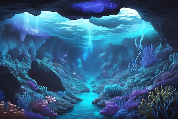 Underwater cave bioluminescence glow