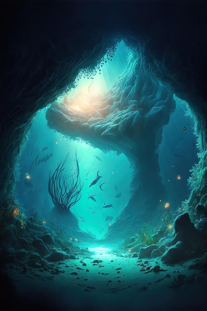 Подводная пещера в фантастическом подводном мире Цифровая иллюстрация AI