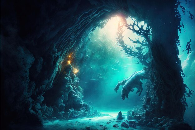 Underwater cave in fantasy underwater world Digital illustration AI