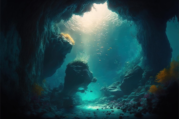 Underwater cave in fantasy underwater world Digital illustration AI