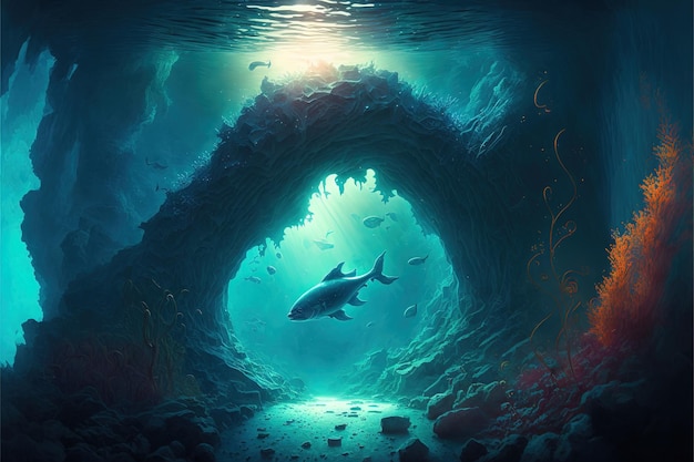 Underwater cave in fantasy underwater world Digital illustration AI