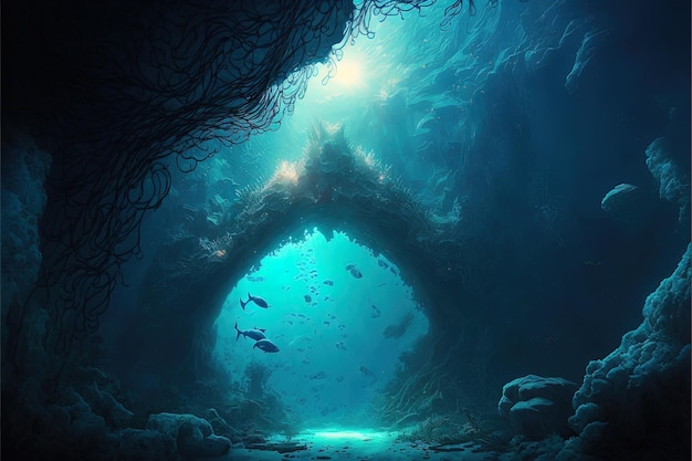 Underwater cave in fantasy underwater world Digital illustration AI