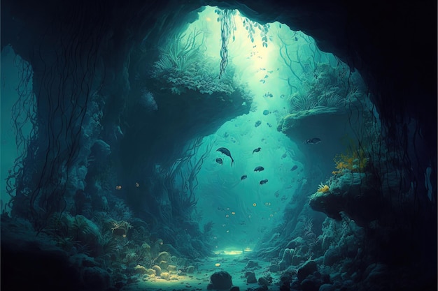 Underwater cave in fantasy underwater world Digital illustration AI