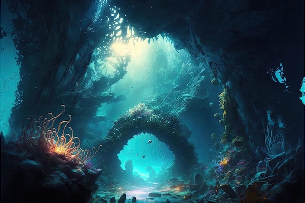 Underwater cave in fantasy underwater world Digital illustration AI