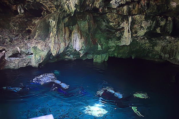 underwater cave stalactites landscape, cave diving, yucatan mexico, view in cenote under water