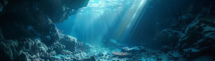 Фотография подводная пещера с лучами солнечного света, пронизывающими воду, раскрывающими скалистые образования и спокойные водные пейзажи