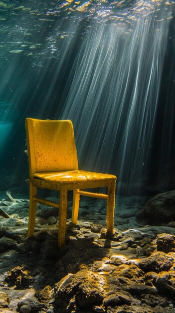 Underwater chair with sunbeams filtering through water