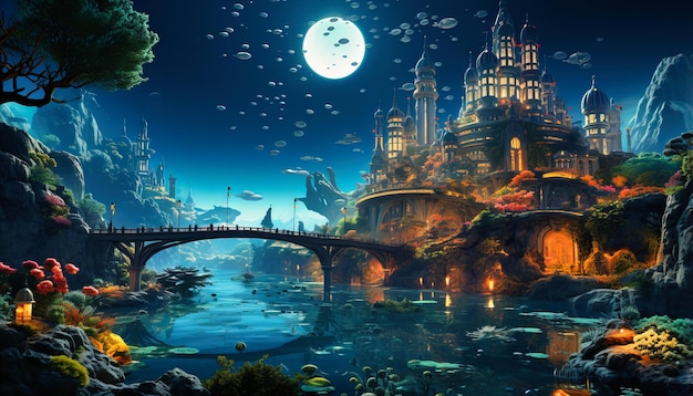 An underwater city bustling with vibrant marine life where mermaids swim alongside hightech submarines