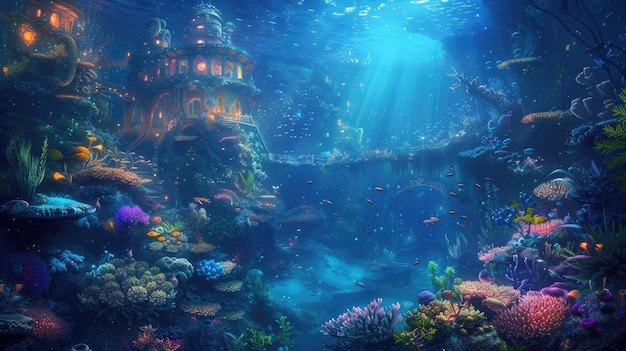 Подводный город с биолюминесцентными кораллами